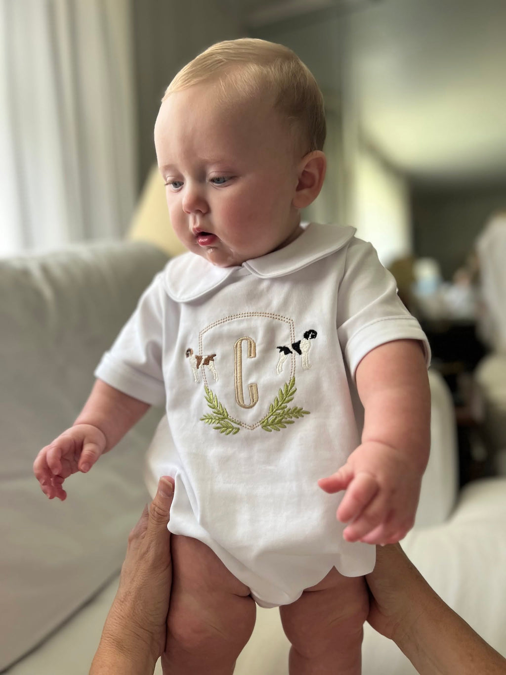 Pointer Hunting Dogs Crest Piped Collar Bubble Romper - Personalized with Initial or Monogram