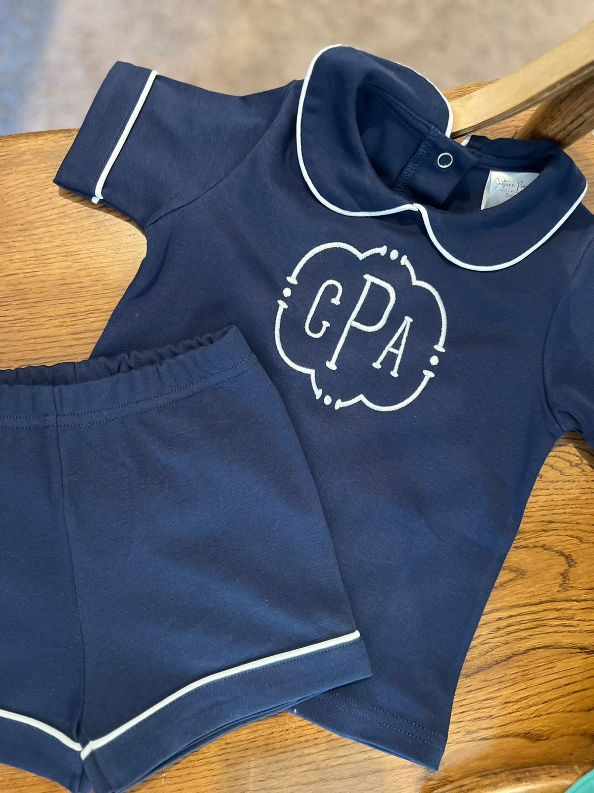 Boys Piped Peter Pan Collar Monogrammed Shorts Set