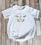 Pointer Hunting Dogs Crest Piped Collar Bubble Romper - Personalized with Initial or Monogram