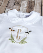 Pointer Hunting Dogs Crest Piped Collar Bubble Romper - Personalized with Initial or Monogram