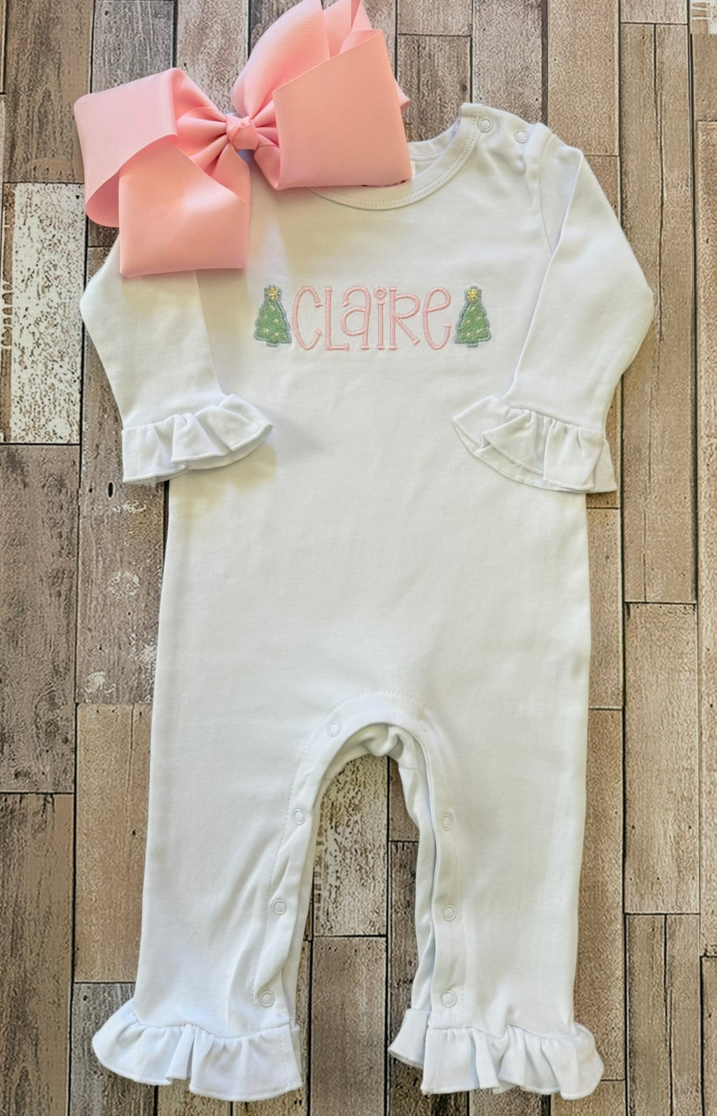 Girl's Personalized Pastel Mini Christmas Tree Long Sleeve Ruffle Romper