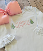 Girl's Personalized Pastel Mini Christmas Tree Long Sleeve Ruffle Romper