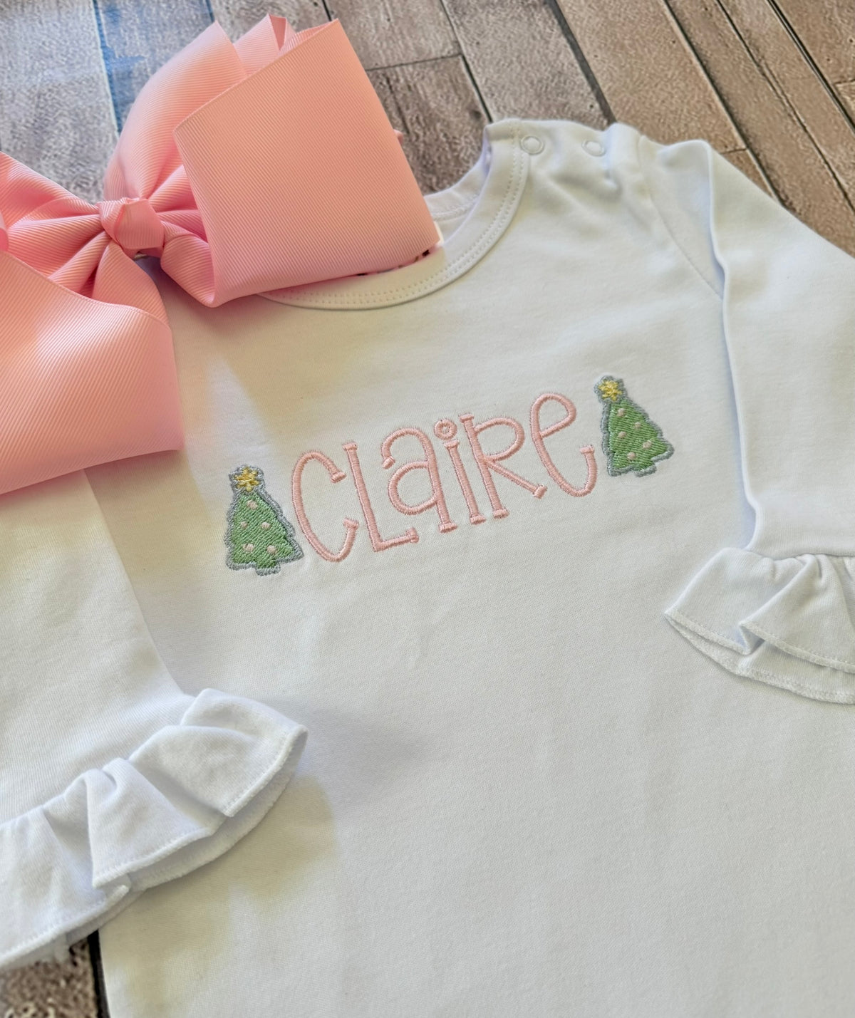 Girl's Personalized Pastel Mini Christmas Tree Long Sleeve Ruffle Romper