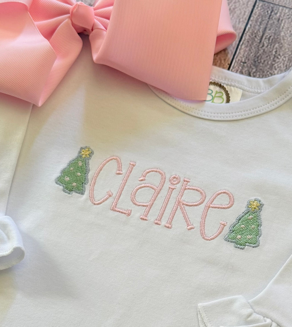 Girl's Personalized Pastel Mini Christmas Tree Long Sleeve Ruffle Romper
