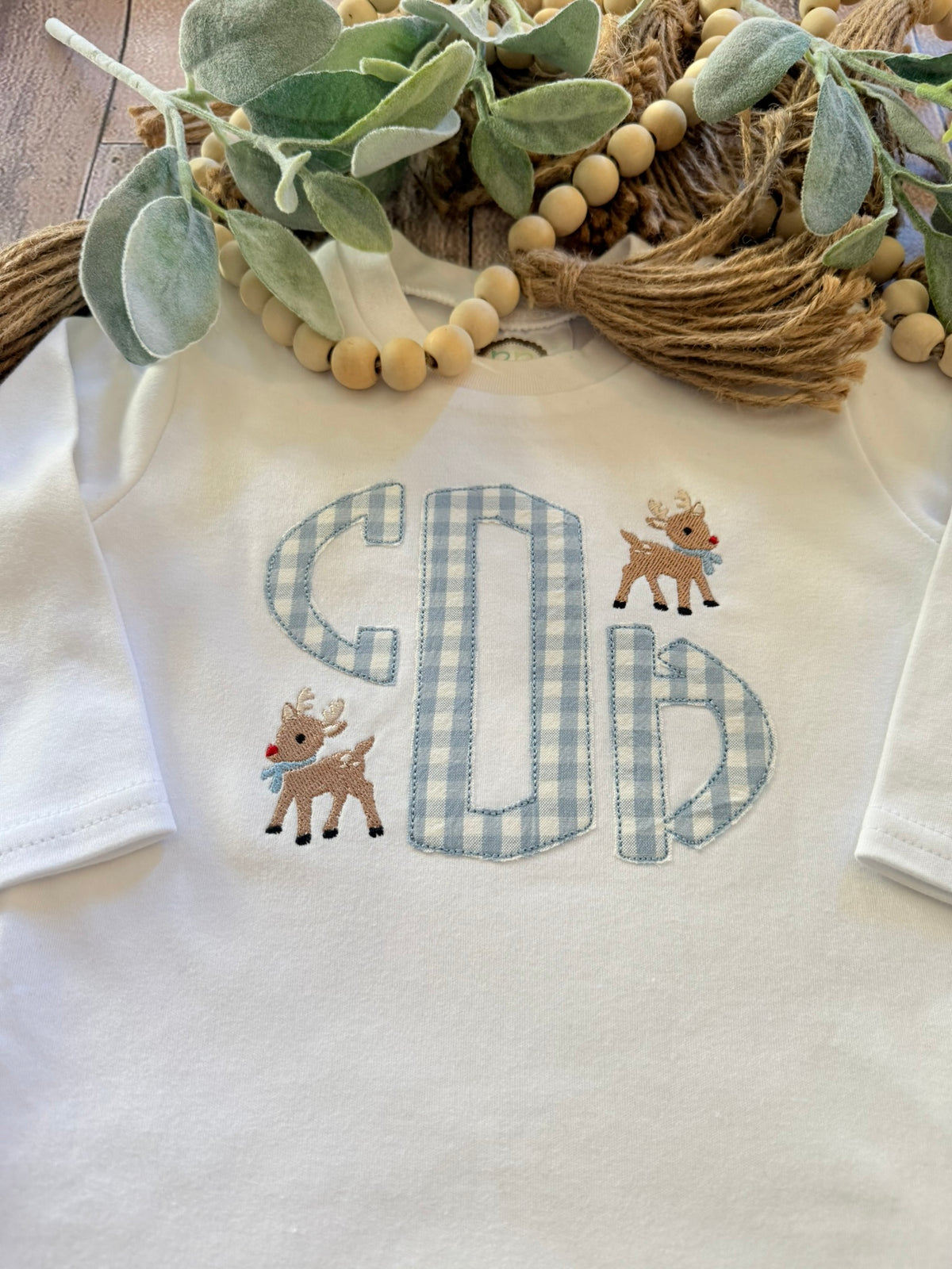 Boys Long sleeve Romper with Applique Monogram & Mini Reindeer