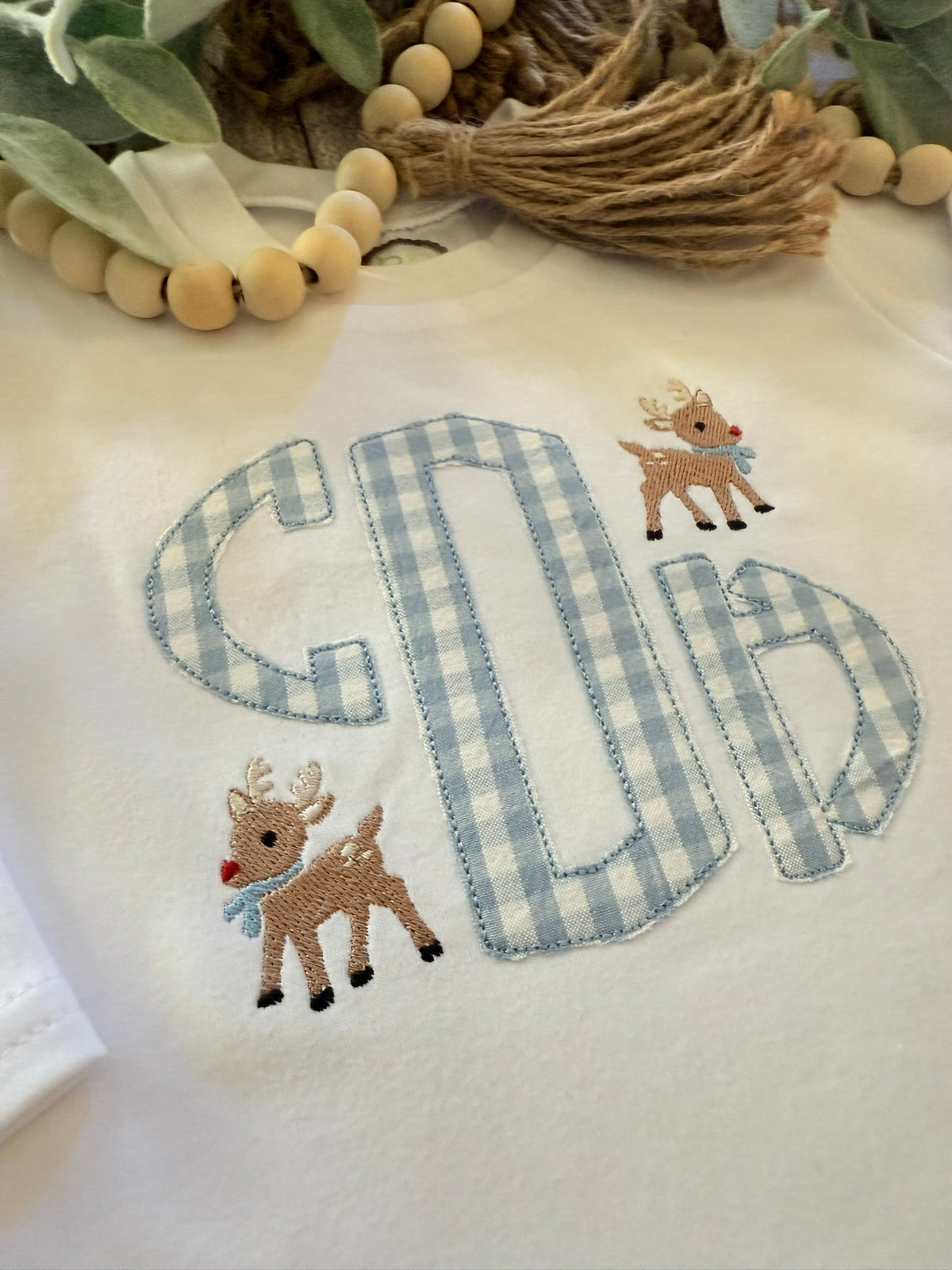 Boys Long sleeve Romper with Applique Monogram & Mini Reindeer