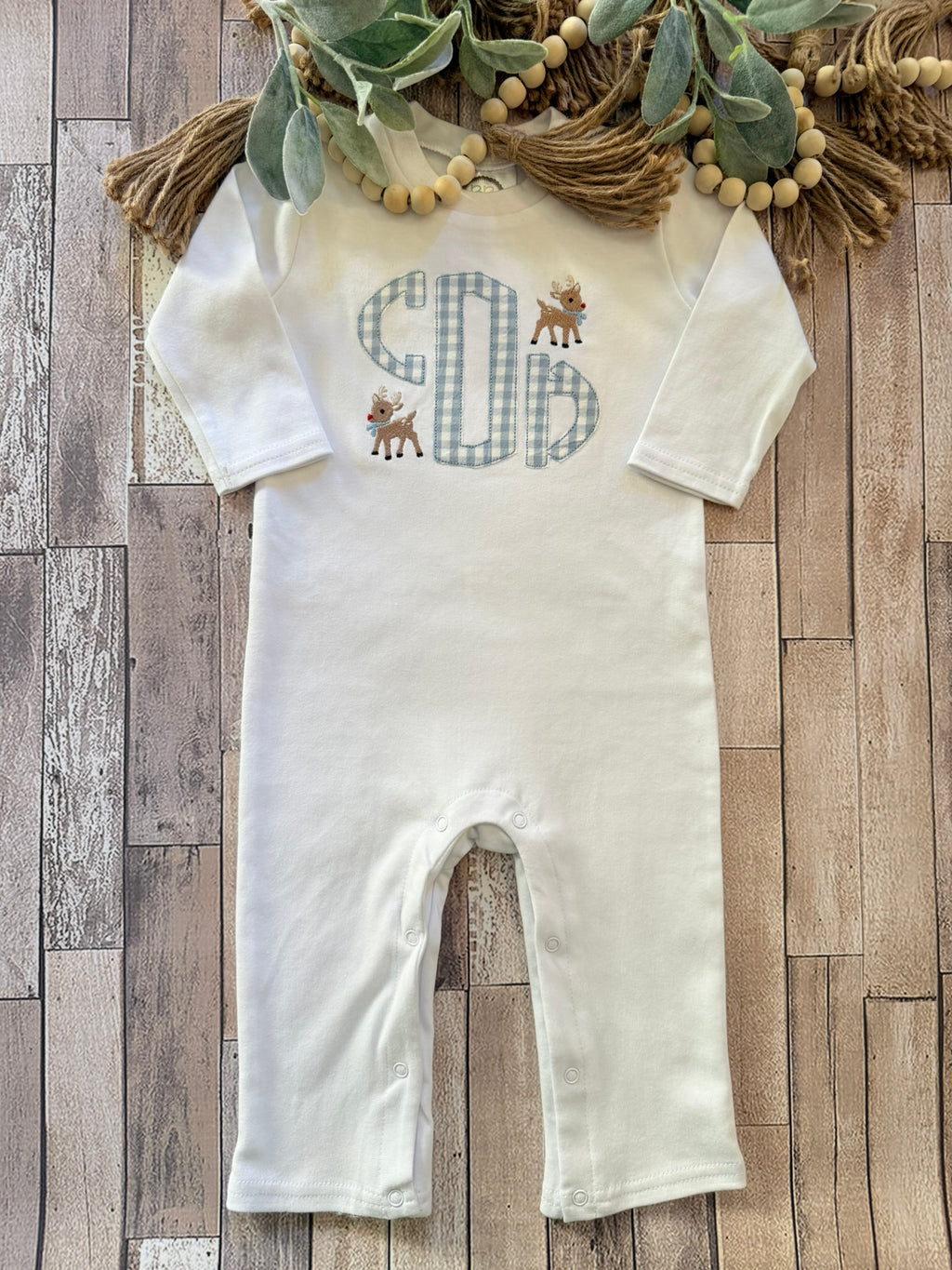 Boys Long sleeve Romper with Applique Monogram & Mini Reindeer