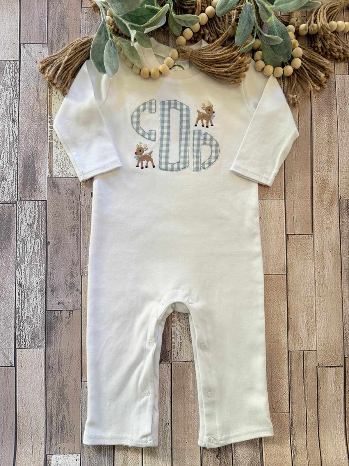Boys Long sleeve Romper with Applique Monogram & Mini Reindeer