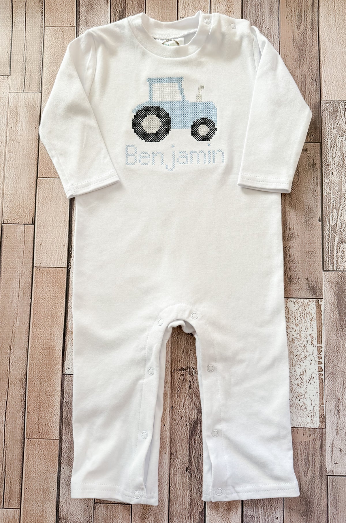 "Cross-Stitched" Tractor Embroidered Longall Romper