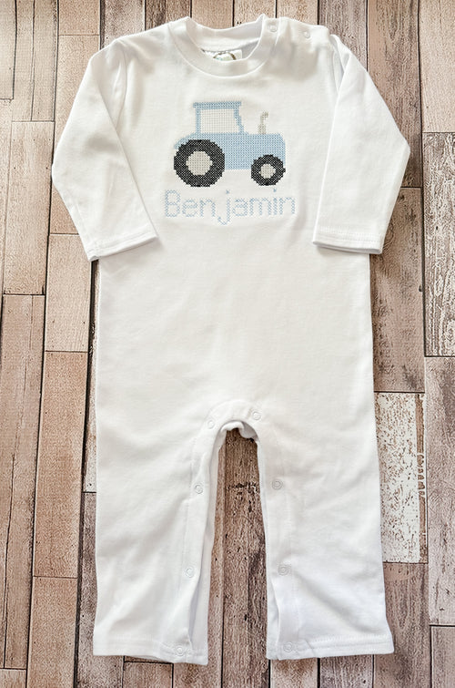 "Cross-Stitched" Tractor Embroidered Longall Romper