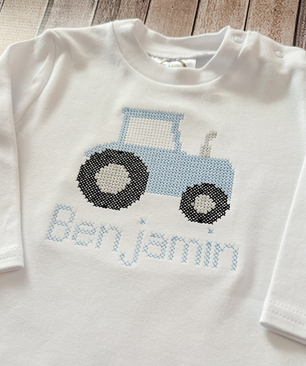 "Cross-Stitched" Tractor Embroidered Longall Romper