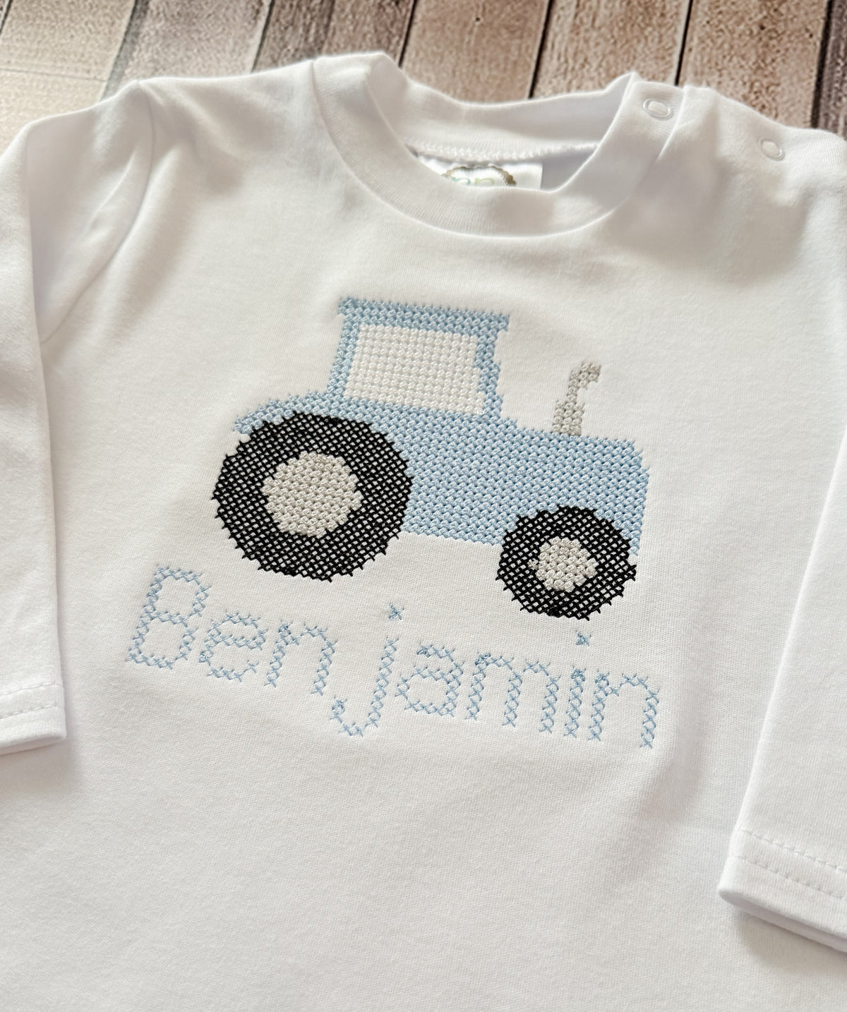 "Cross-Stitched" Tractor Embroidered Longall Romper