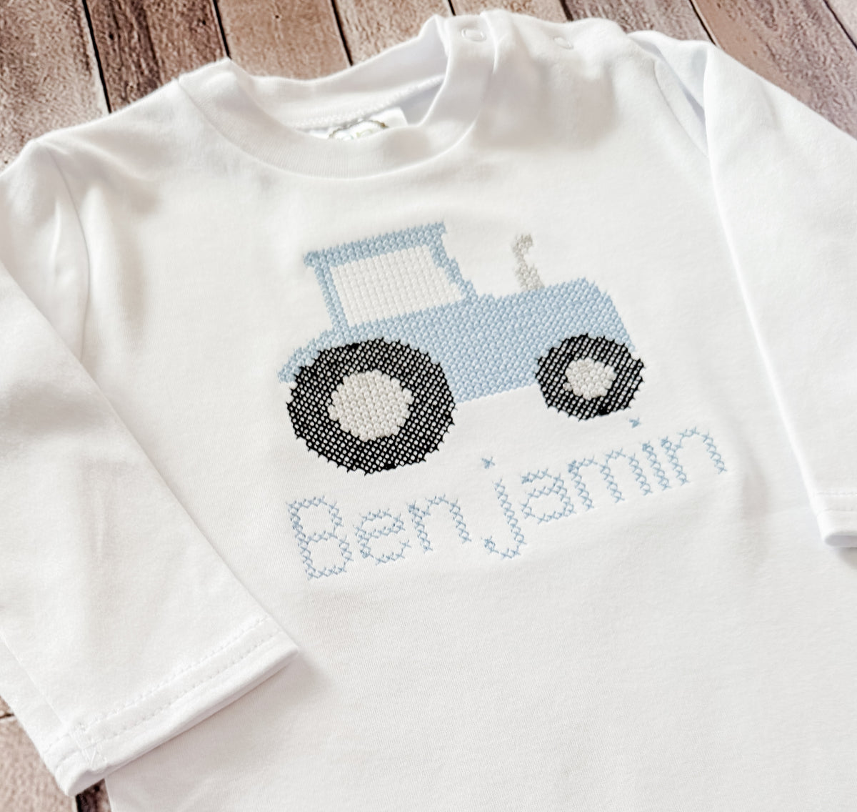 "Cross-Stitched" Tractor Embroidered Longall Romper