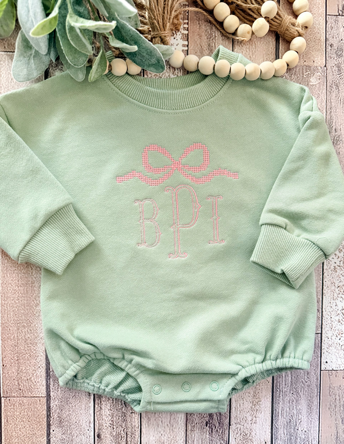 "Cross-Stitch" Bow Monogram Sweatshirt Bubble Romper