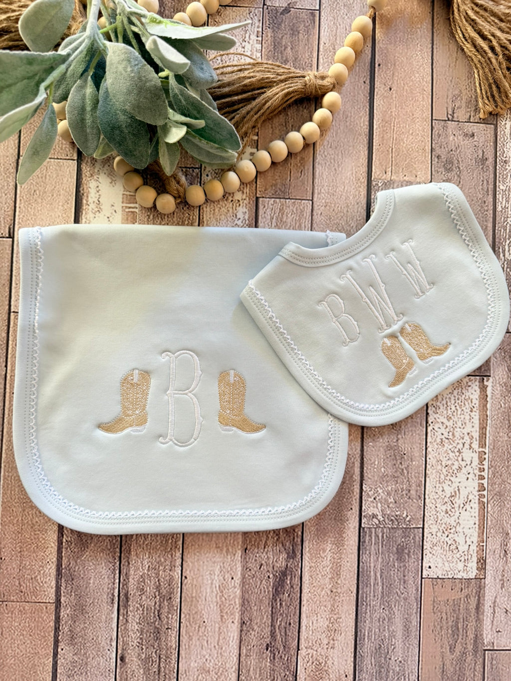 Cowboy Boots Bib & Burp Cloth Set – Monogrammed/Personalized