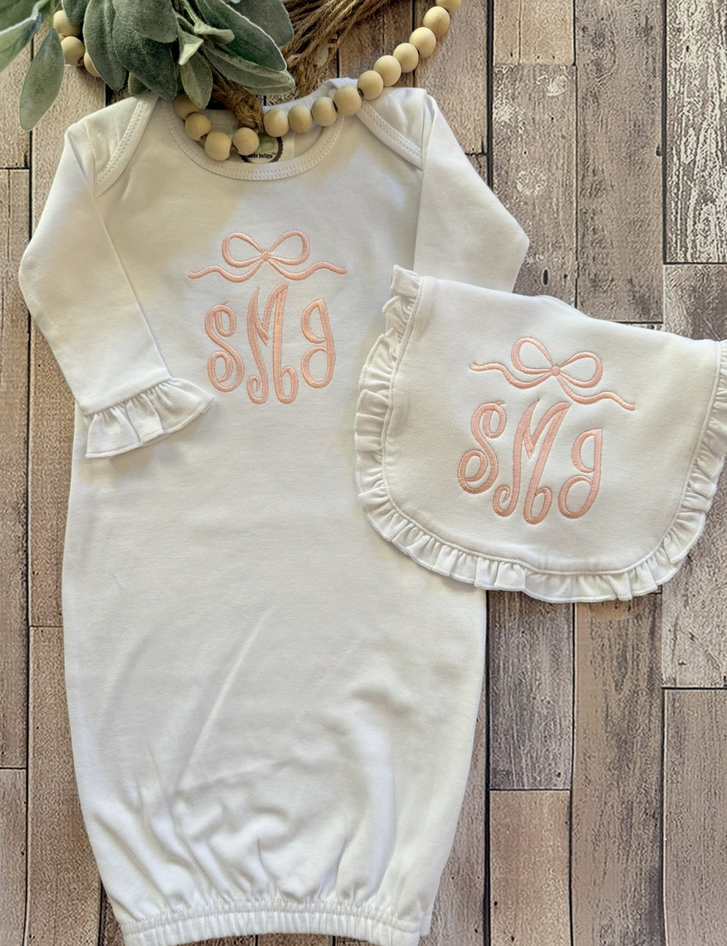 Monogrammed Ruffle Baby Gown & Burp Cloth Set