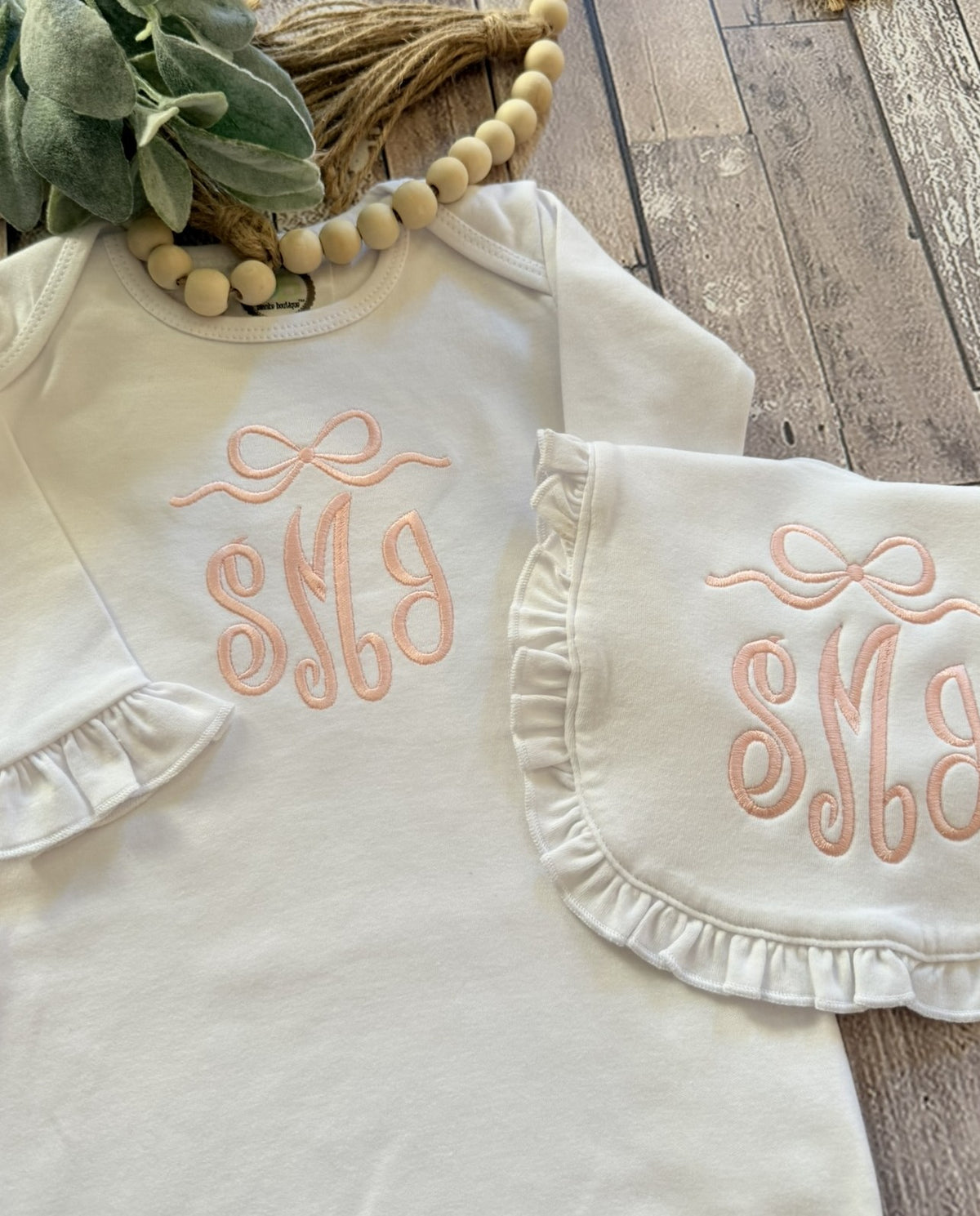 Monogrammed Ruffle Baby Gown & Burp Cloth Set